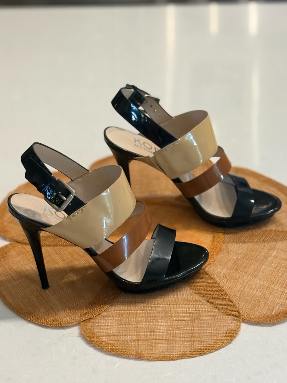 Michael Kors Black, Beige and Brown Patent Leather Strappy High Heels